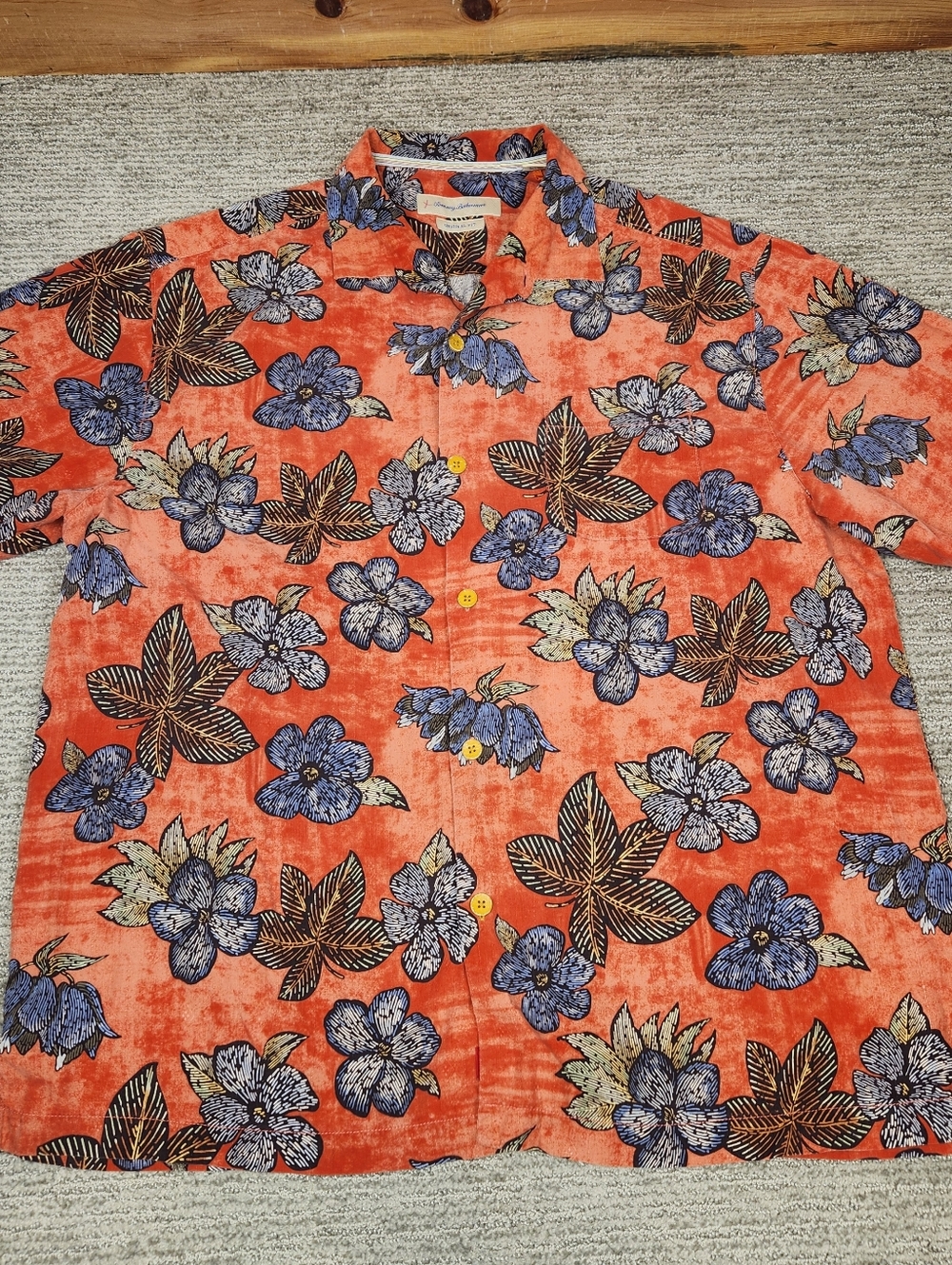 Tommy Bahama 100% Silk Wood Buttons Shirt Mens XL Orange Hawaiian Tropical Golf